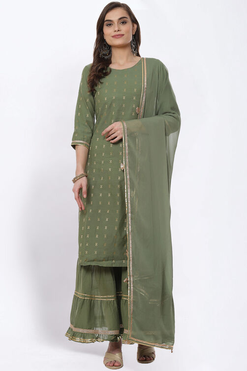 Olive Green Art Silk Straight Suit Set image number 0